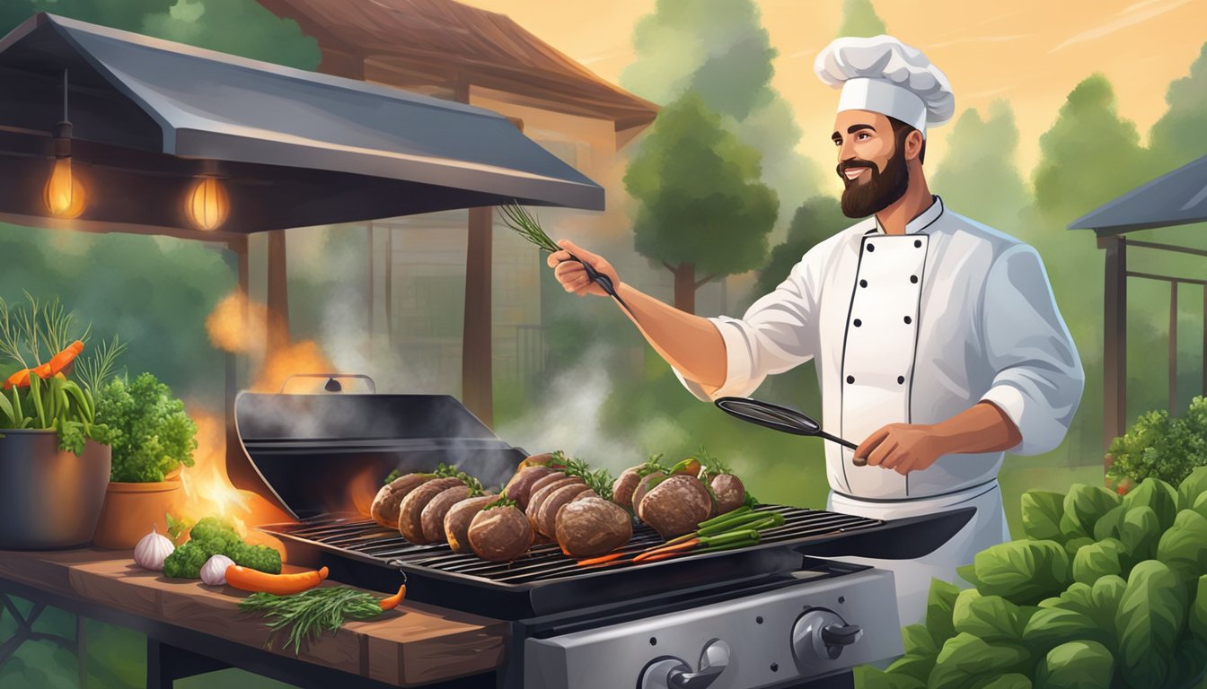 A chef grills lamb testicles on a barbecue, surrounded by fresh herbs and vegetables