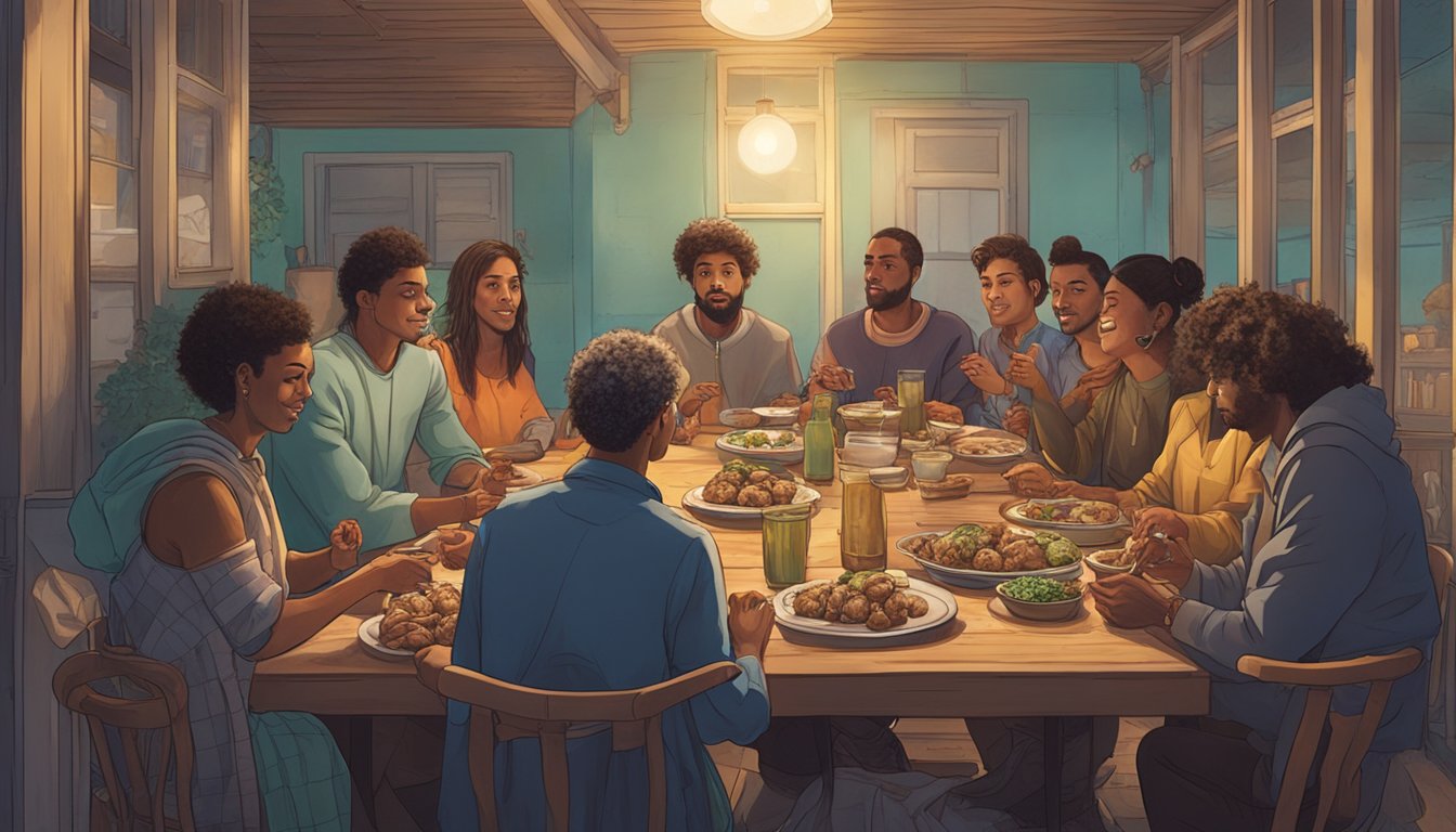 A group of people gathered around a table, enjoying a meal of lamb testicles in a unique and unconventional socio-cultural setting