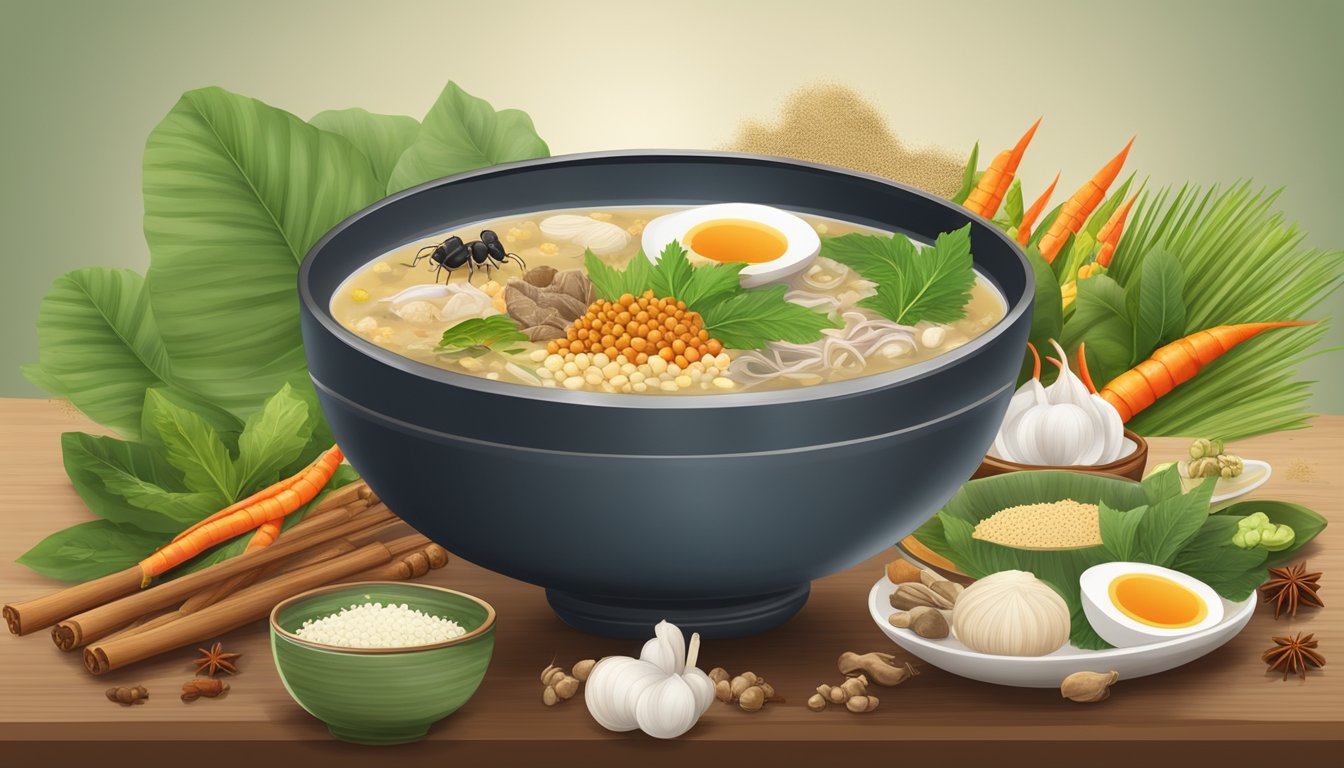 A steaming bowl of ant egg soup surrounded by exotic Thai spices and ingredients, evoking the cultural and culinary uniqueness of Thailand's insect delicacies