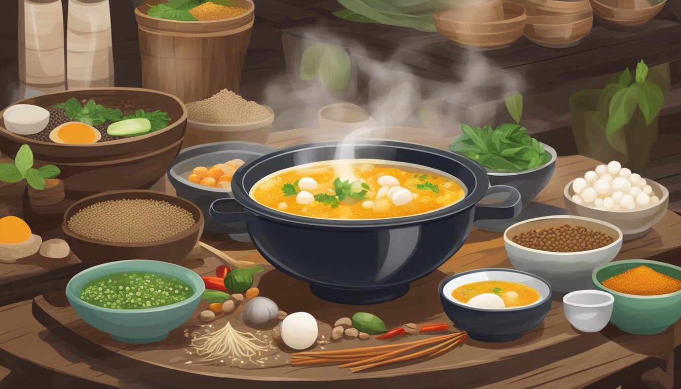 A steaming bowl of ant egg soup, surrounded by exotic spices and ingredients, sits on a rustic wooden table in a bustling Thai market