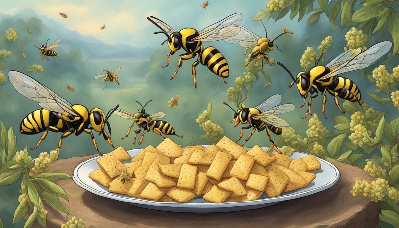 A plate of wasp crackers surrounded by buzzing insects and curious onlookers