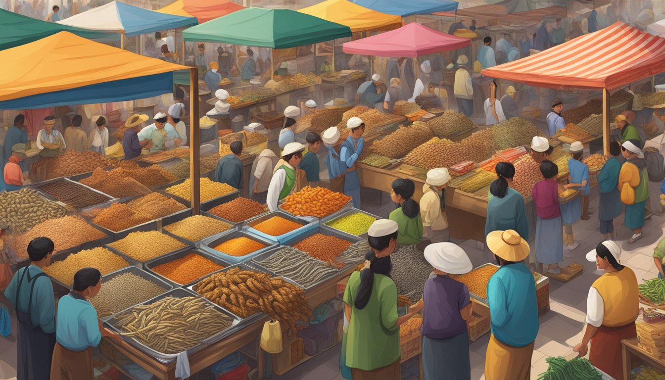 Fried caterpillars being sold at a bustling market, surrounded by colorful textiles and traditional crafts from various cultures