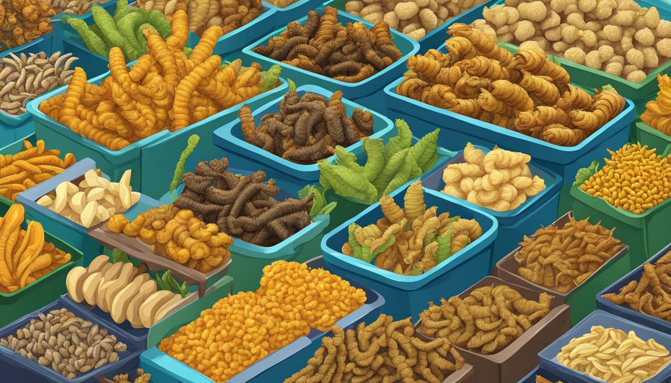 Fried caterpillars in various shapes and sizes, displayed on a colorful market stall, surrounded by diverse cultural food items