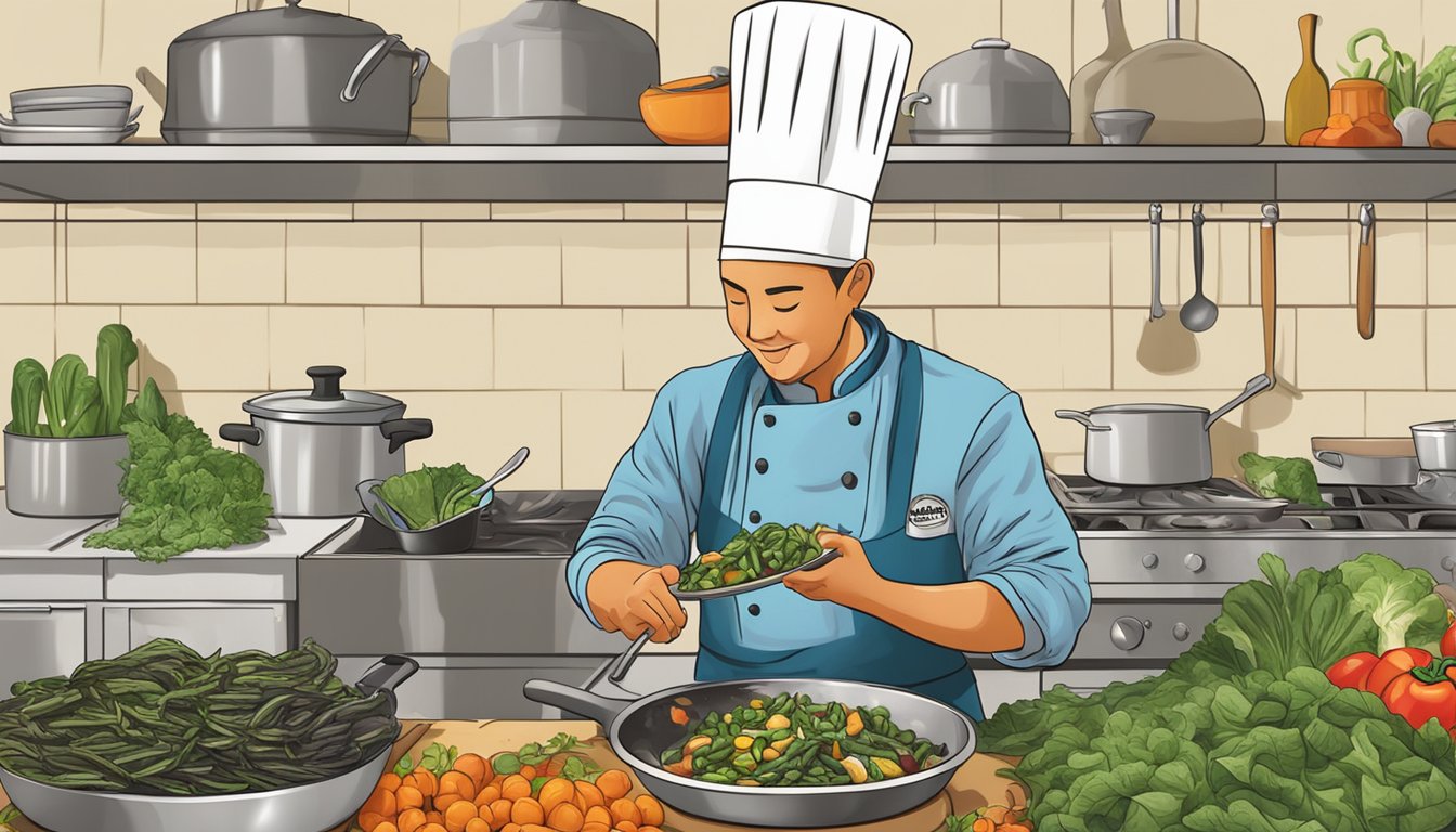 A chef adding huitlacoche to a sizzling pan of sautéed vegetables