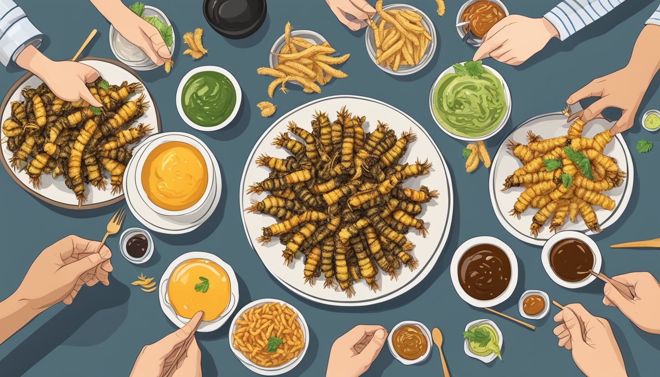 Fried caterpillars served on a plate with various dipping sauces, surrounded by people from different cultures enjoying the unique snack