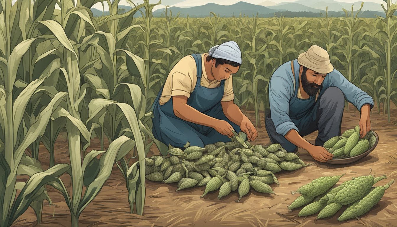 A farmer harvesting huitlacoche from a cornfield, while another person prepares the strange edible fungus in a rustic kitchen