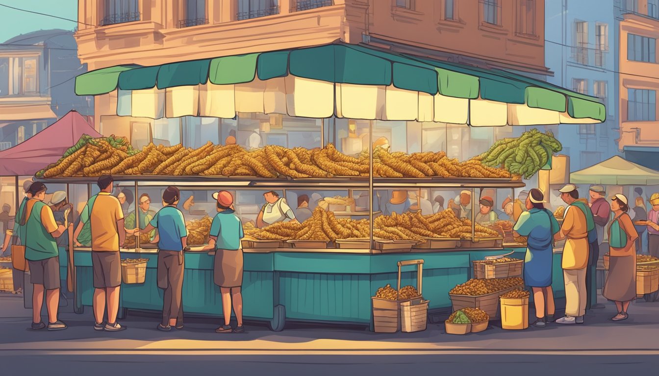 Fried caterpillars being sold at bustling market stalls worldwide. Customers eagerly buying and enjoying the unusual snack