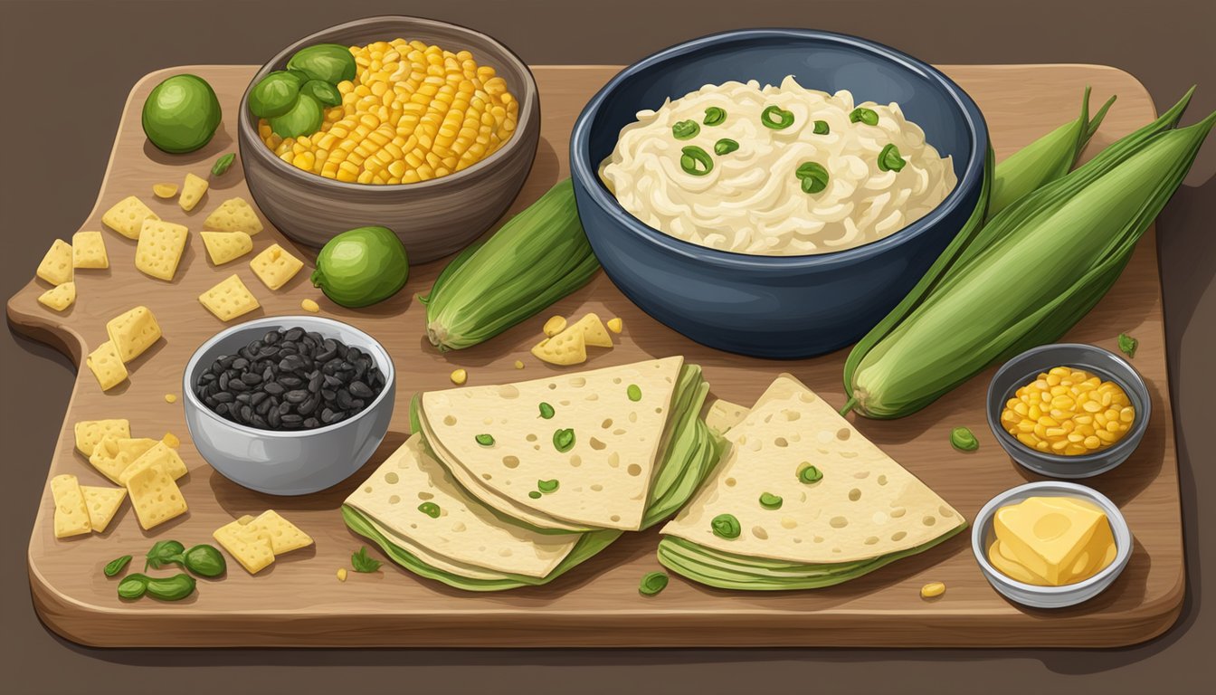 A wooden cutting board with fresh huitlacoche, a bowl of corn, and a spread of tortillas and cheese