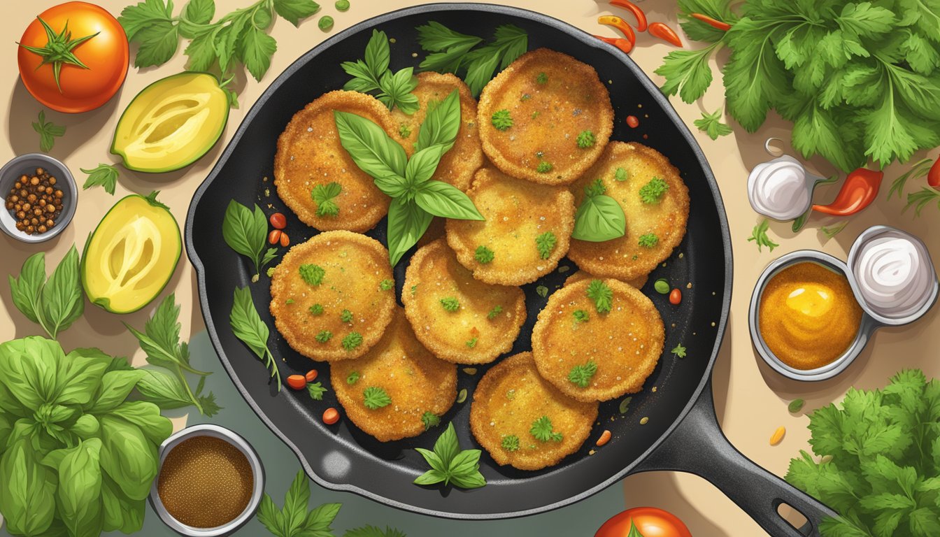 A sizzling skillet holds golden-brown fried green tomatoes, surrounded by a mix of colorful spices and fresh herbs