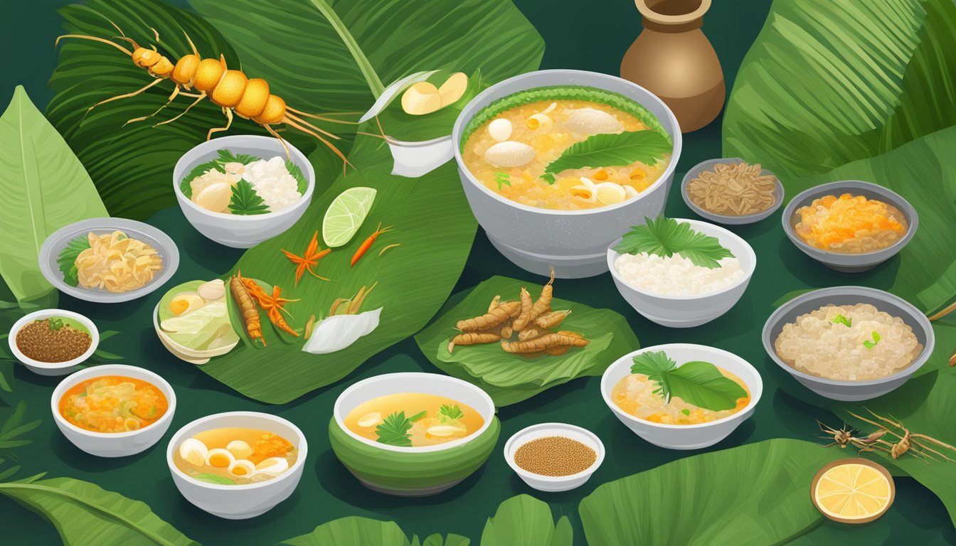 A steaming bowl of ant egg soup surrounded by traditional Thai insect dishes on a banana leaf