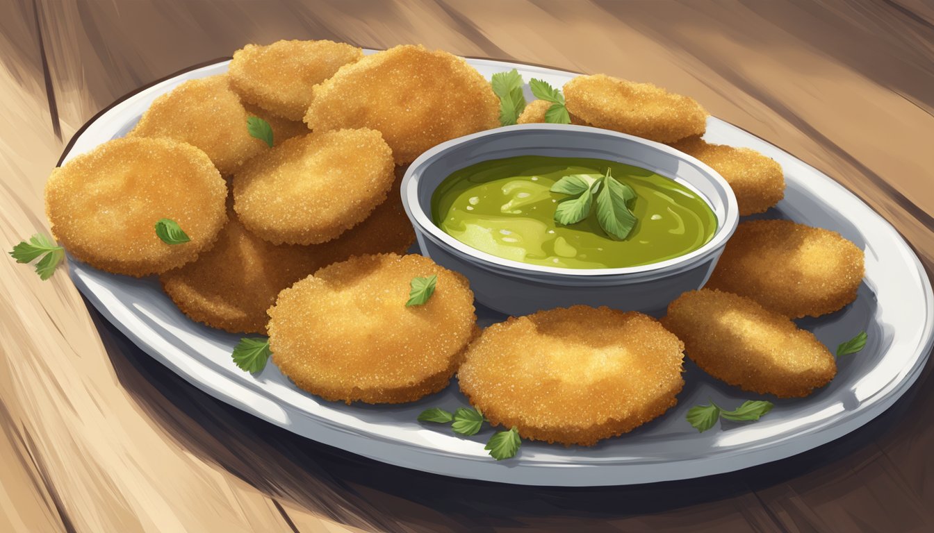 A plate of golden fried green tomatoes, crispy and glistening with oil, served with a side of tangy dipping sauce