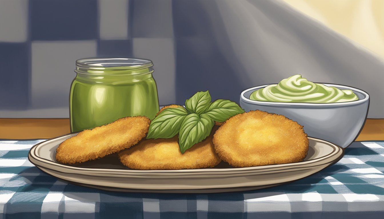 A plate of golden fried green tomatoes, with a side of dipping sauce, sits on a checkered tablecloth, evoking a sense of Southern comfort and culinary delight