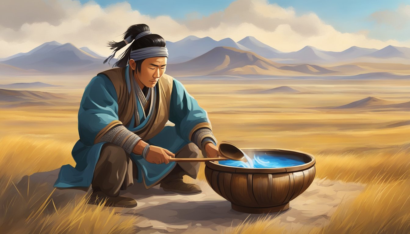 A Mongolian nomad pours airag from a traditional leather container into a wooden bowl, surrounded by the vast open steppe