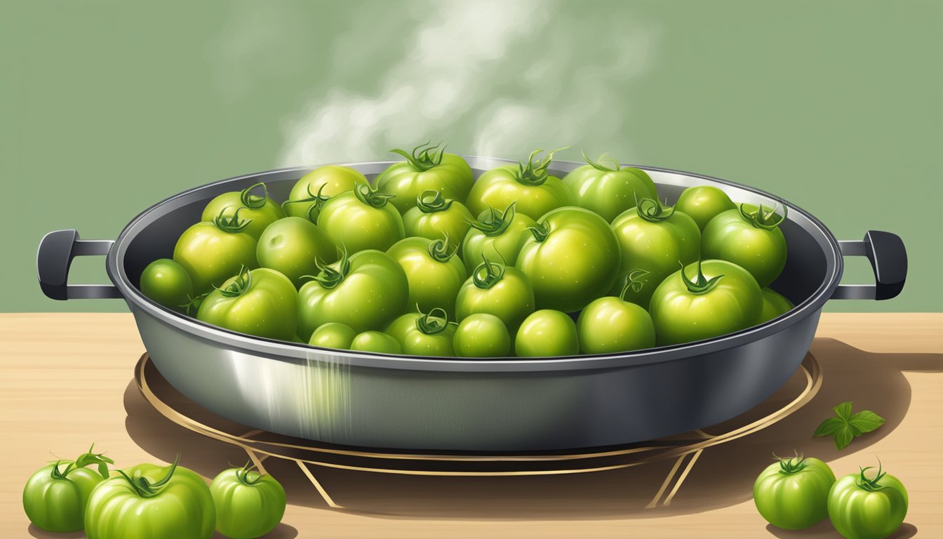 A basket of bright green tomatoes, sliced and coated in a golden batter, sizzling in a skillet with a hint of steam rising