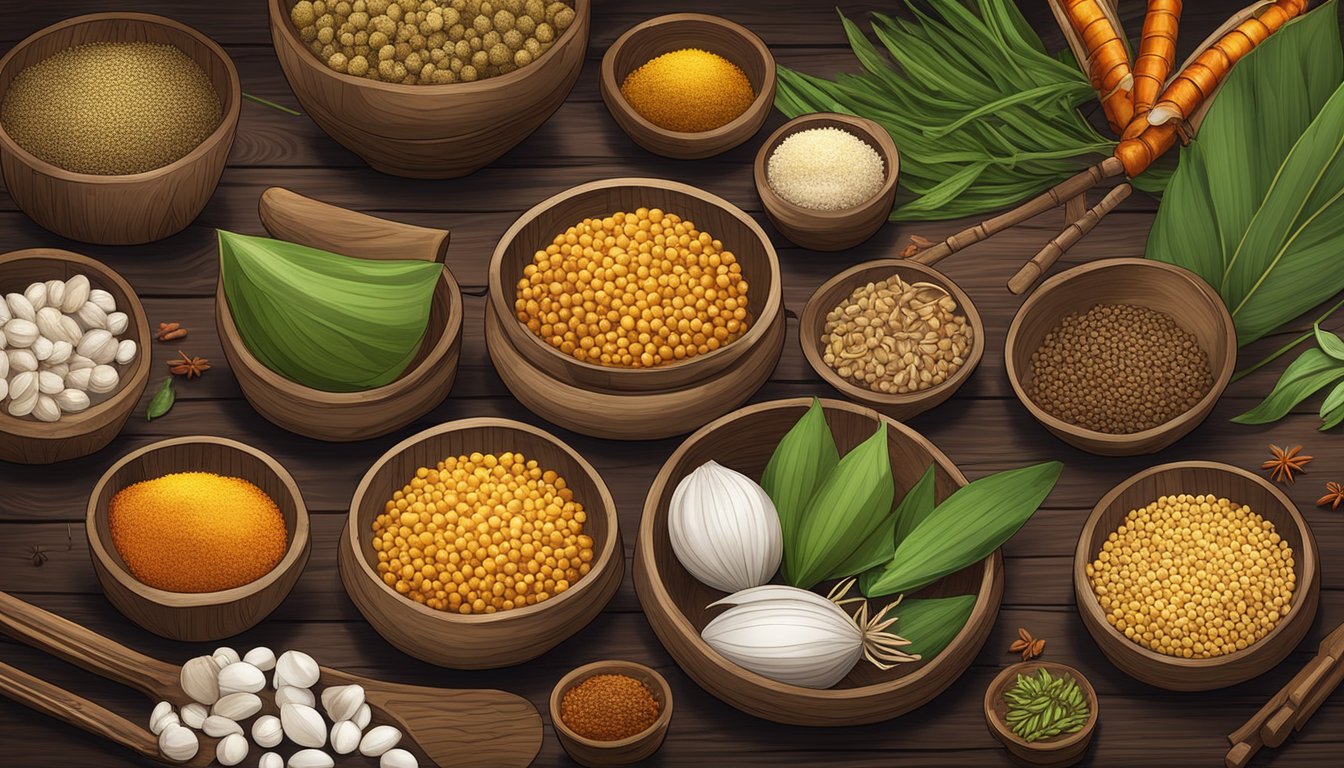 An array of exotic ingredients, including ant eggs, are laid out on a rustic wooden table, surrounded by traditional Thai cooking utensils and vibrant spices