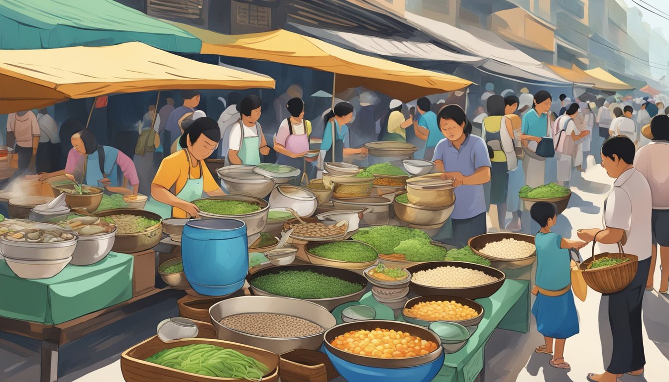 A bustling street market in Thailand, with vendors selling bowls of steaming ant egg soup and other traditional insect dishes