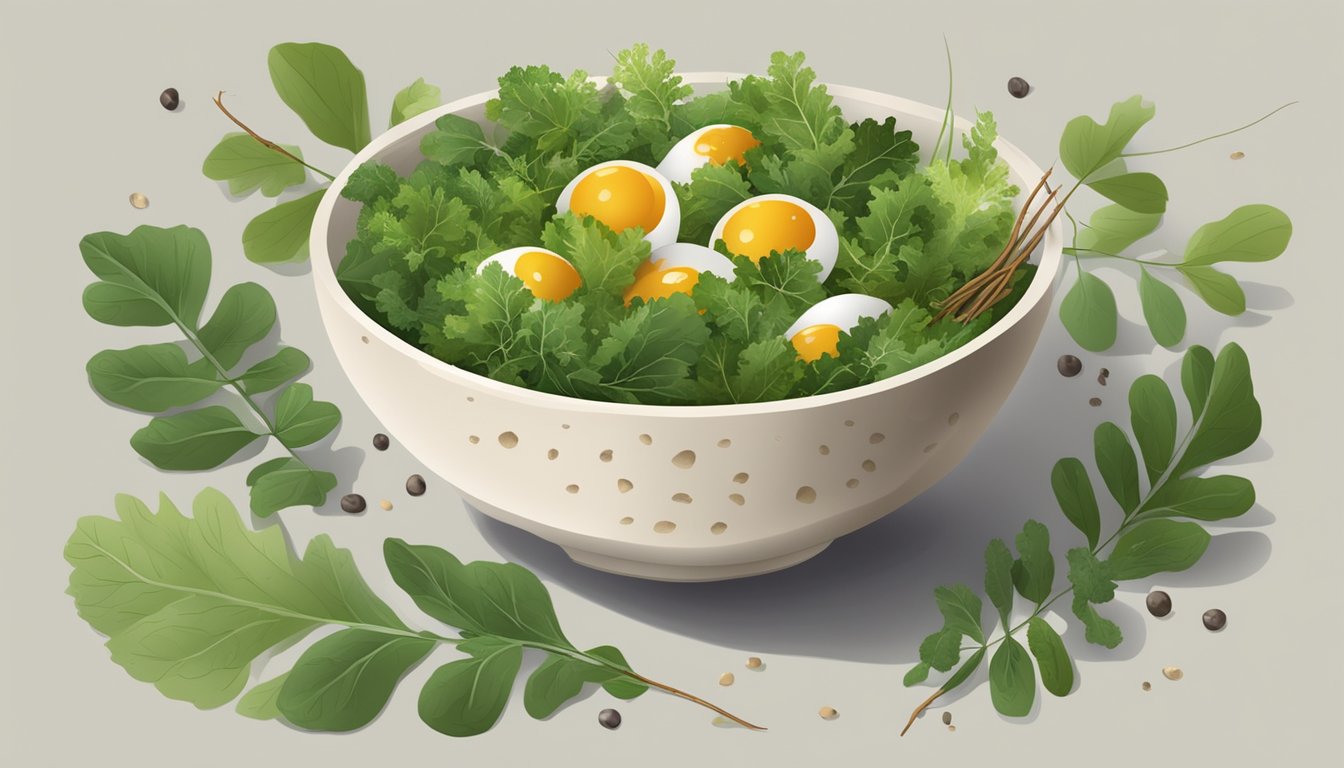 A bowl of ant eggs mixed with greens and dressing, surrounded by scattered leaves and twigs