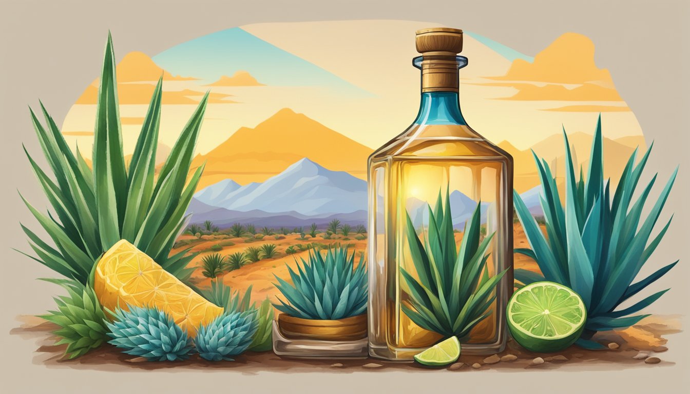 A dusty bottle of tequila with a large, preserved worm inside, surrounded by agave plants and a backdrop of a vibrant Mexican landscape