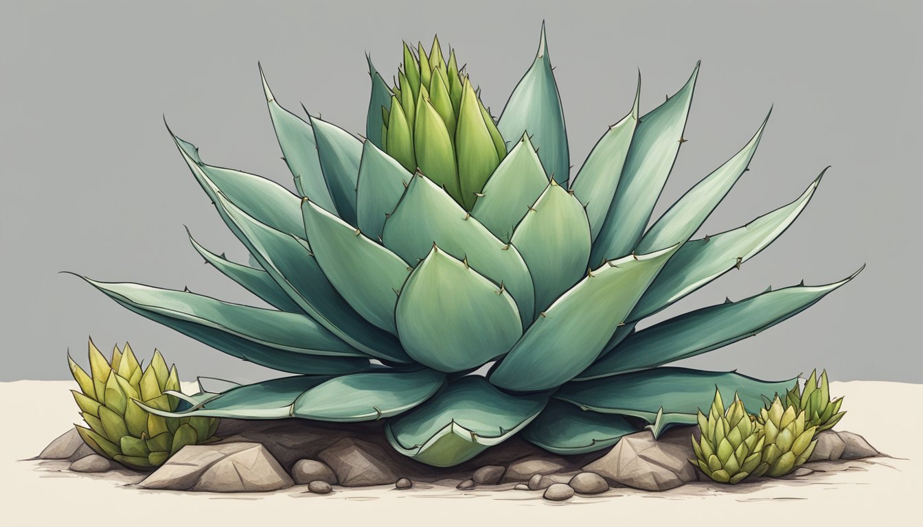 An agave plant with a tequila worm crawling out of its core