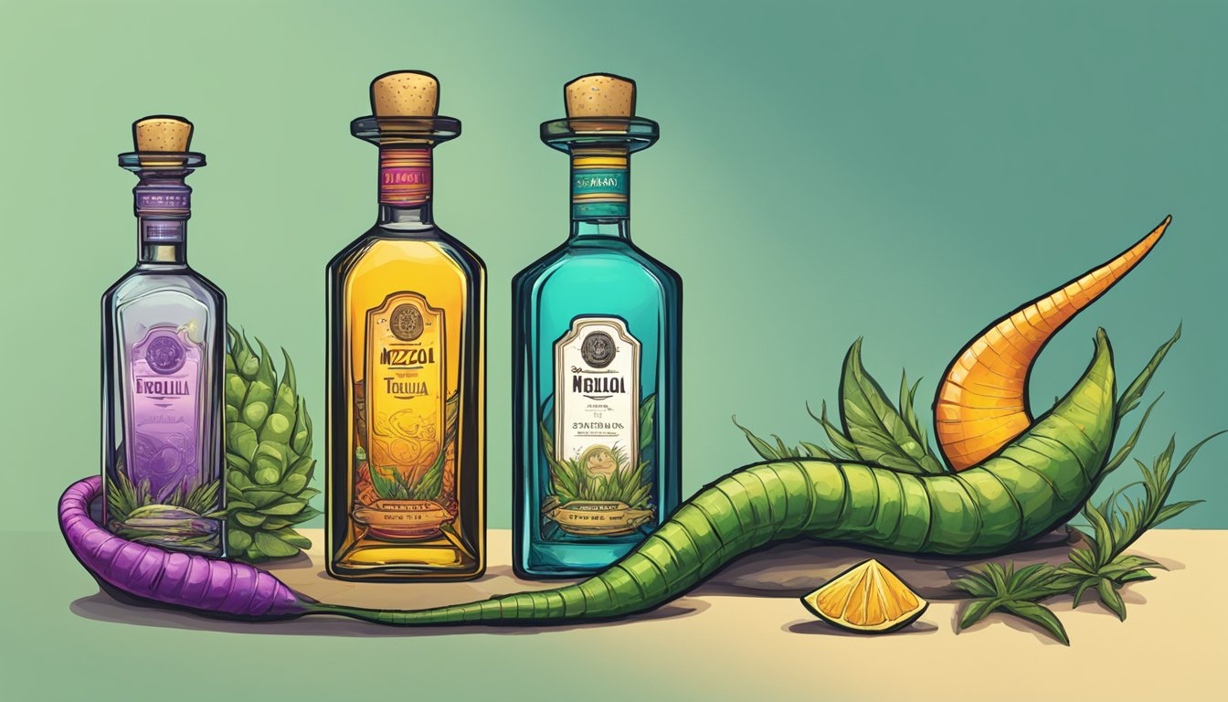 A bottle of tequila and a bottle of mezcal sit side by side, with a large, colorful worm crawling between them