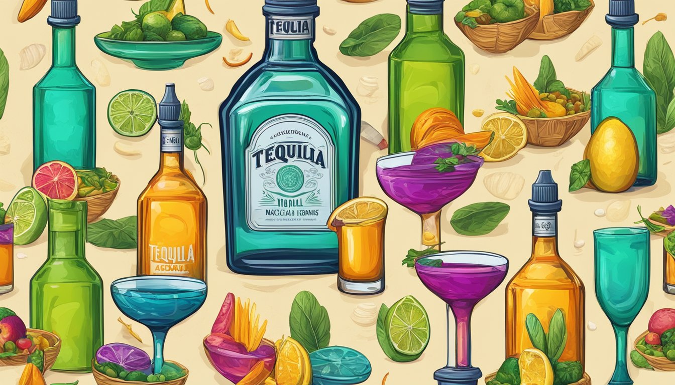 A tequila bottle with a worm inside, surrounded by colorful cocktails and Mexican cuisine