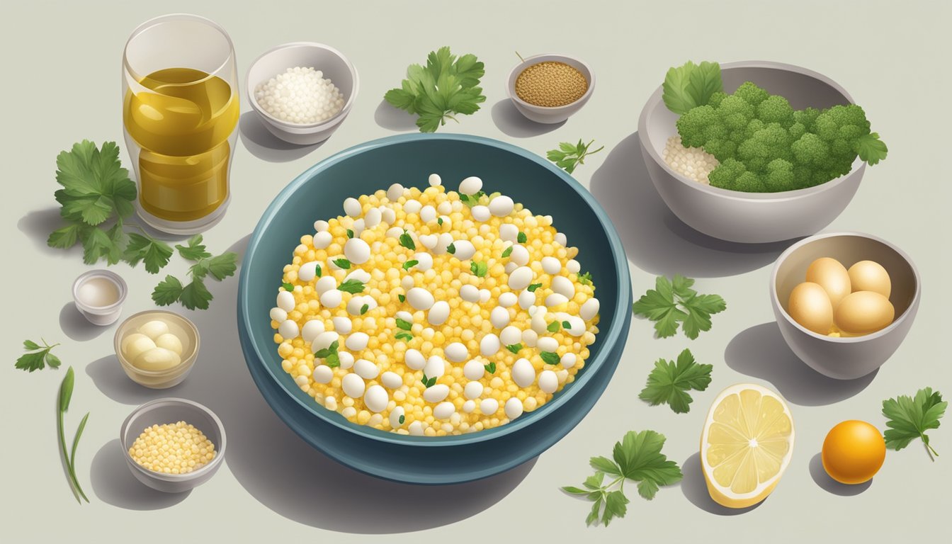 A bowl of ant egg salad surrounded by traditional cooking ingredients and utensils