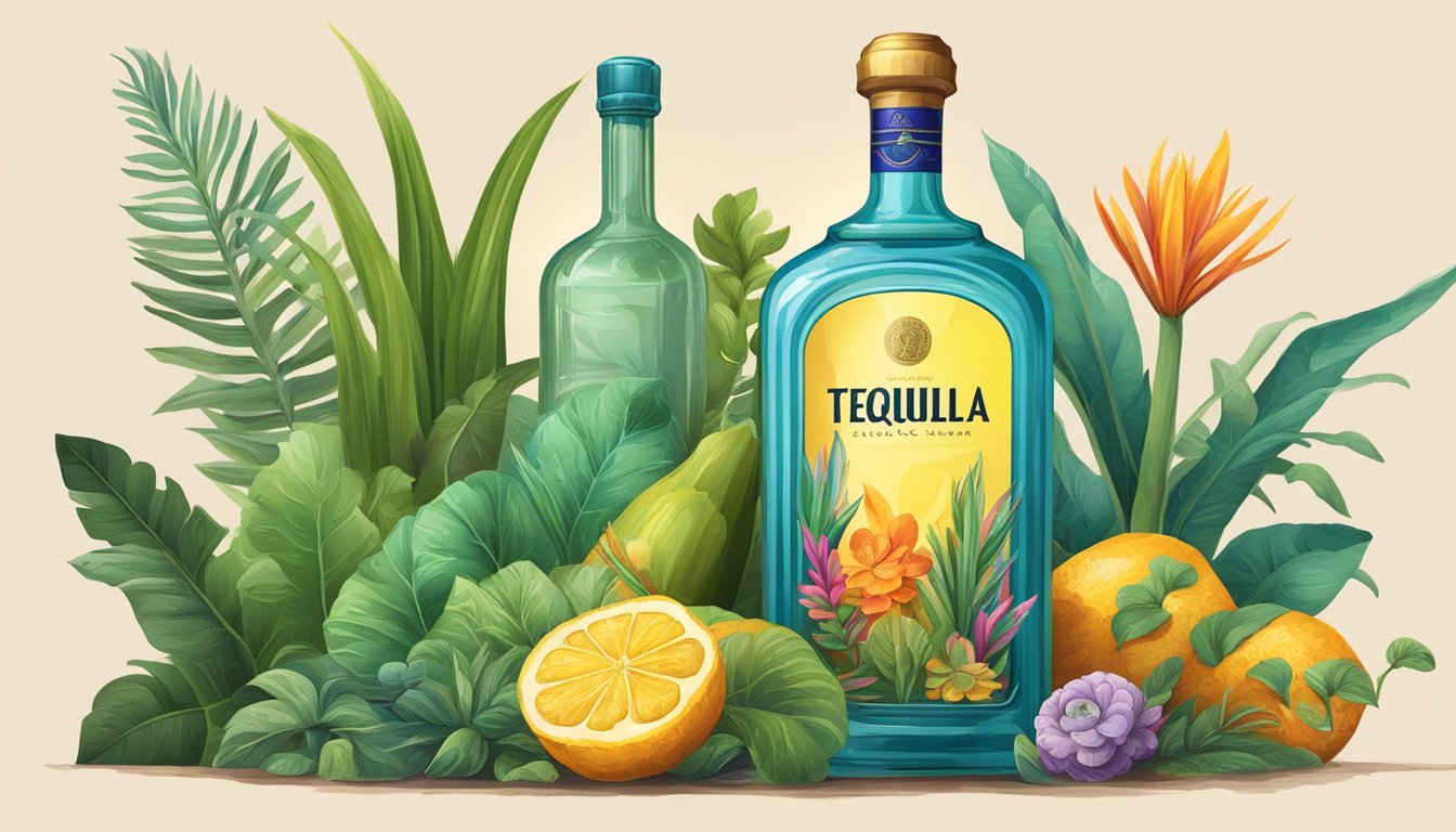 A large tequila bottle with a worm inside, surrounded by colorful and exotic plants