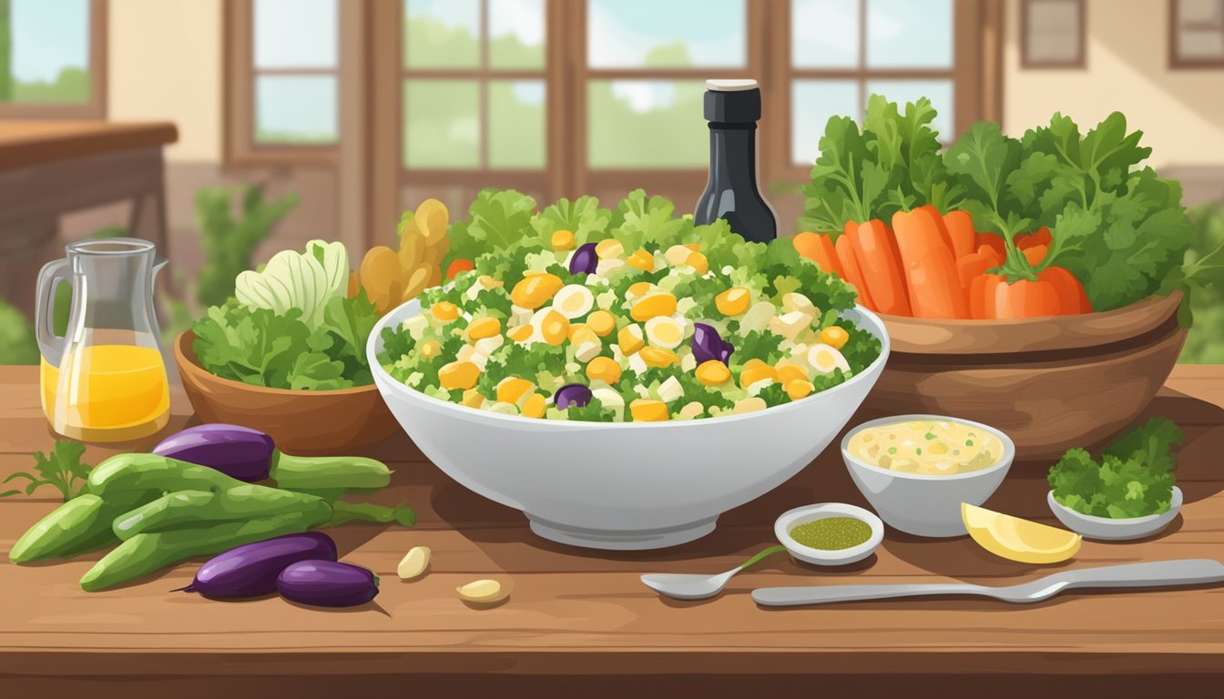 A bowl of ant egg salad sits on a wooden table, surrounded by fresh vegetables and a bottle of vinaigrette