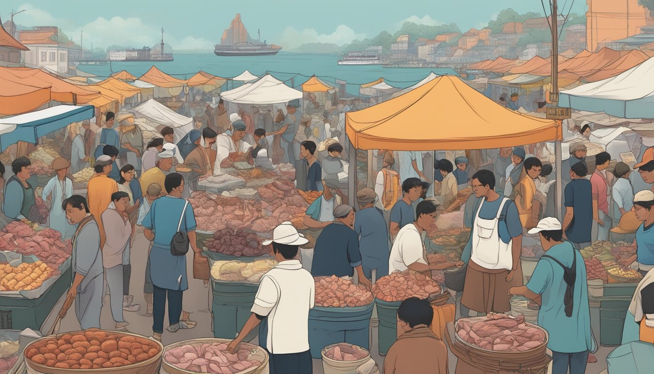 A bustling market with vendors selling whale meat, surrounded by curious onlookers and heated discussions about the socio-economic implications of consuming such a controversial food