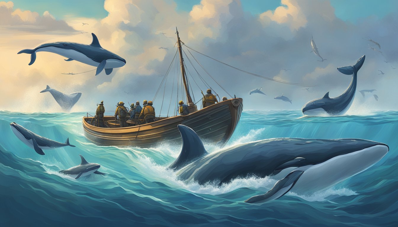 A pod of whales swimming peacefully in the ocean, with a harpoon boat approaching in the distance