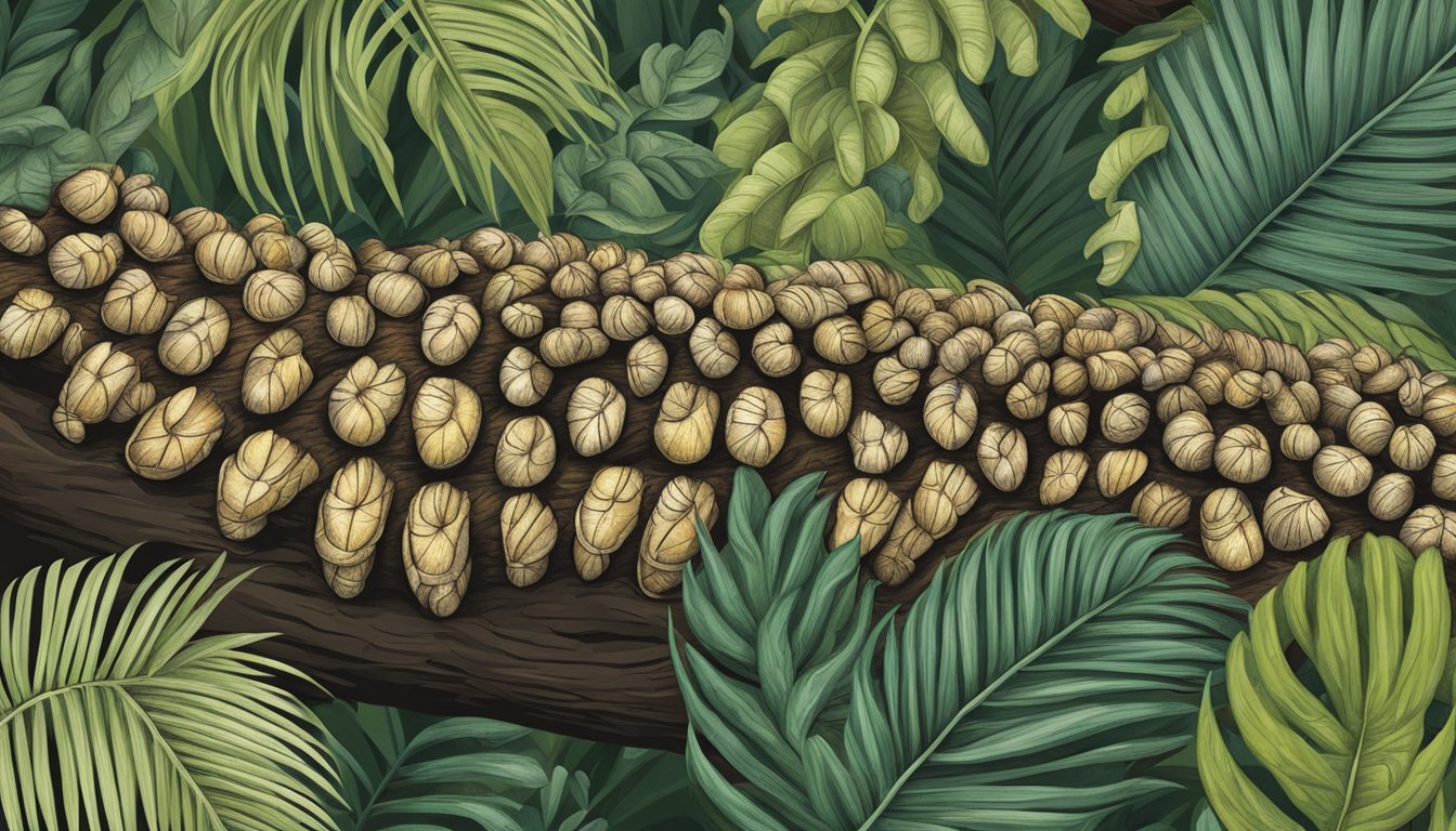 A hand-drawn illustration of palm grubs crawling on a palm tree trunk, surrounded by lush Amazonian foliage