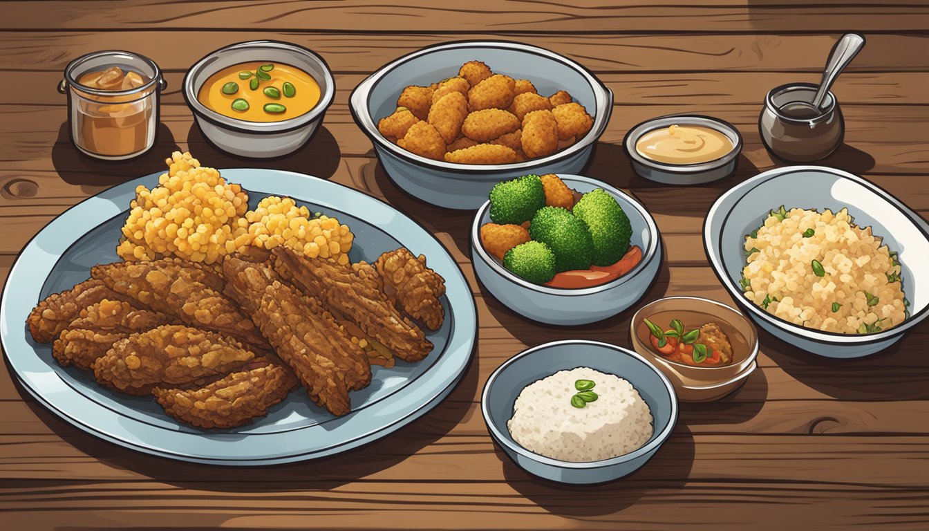 A sizzling plate of fried alligator meat surrounded by traditional southern side dishes on a rustic wooden table