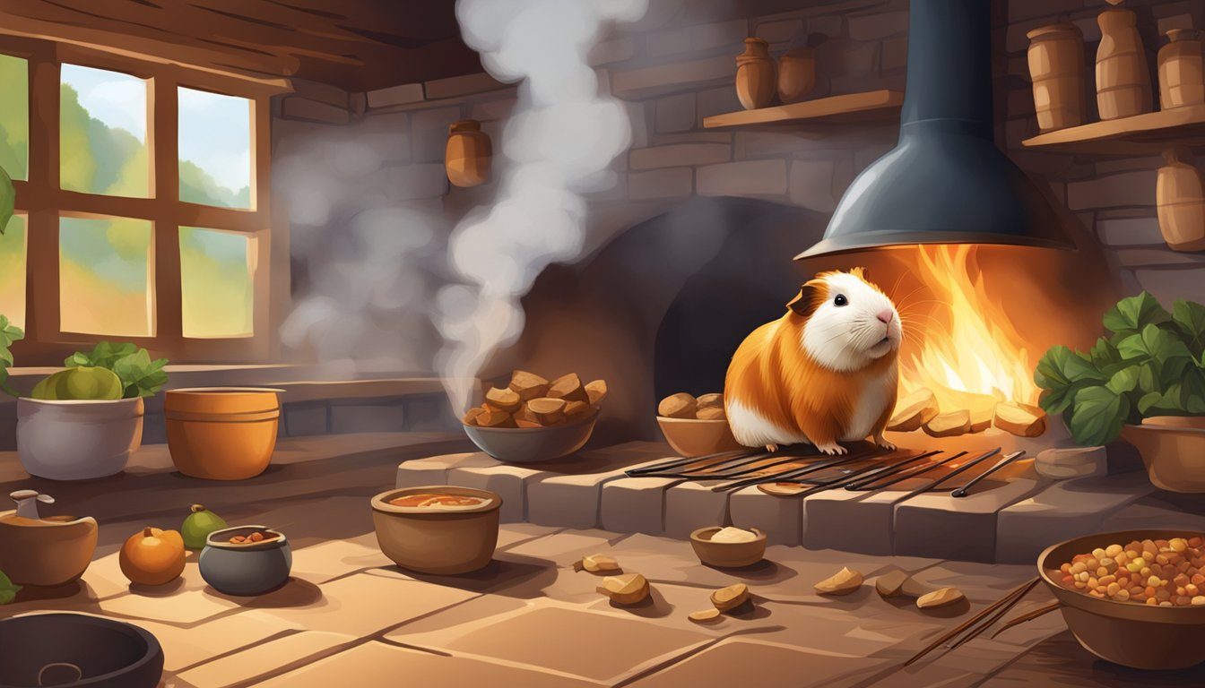 A guinea pig roasting over an open fire in a traditional South American kitchen