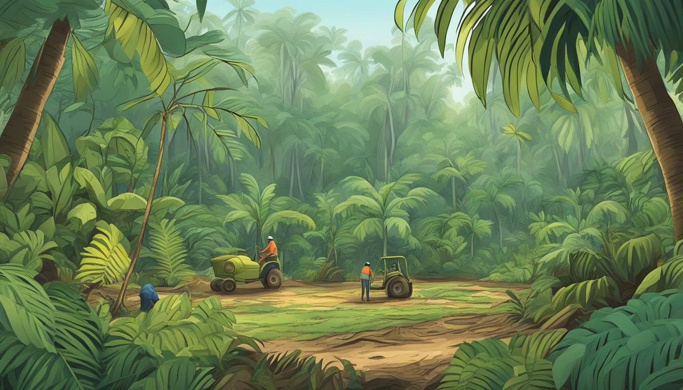 A lush Amazon rainforest with palm trees and grubs being harvested for sustainable protein