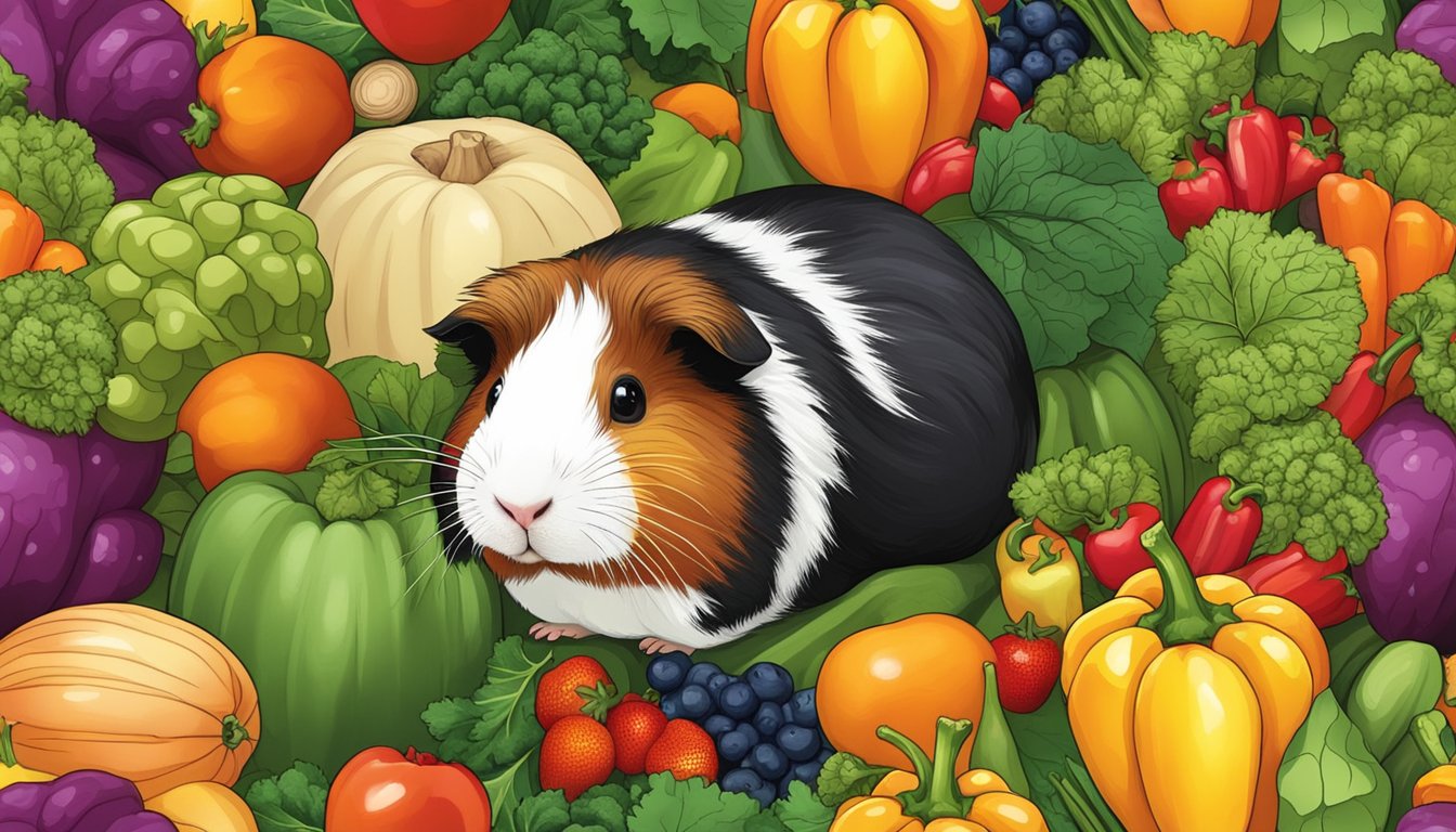 A guinea pig surrounded by a variety of strange and colorful fruits and vegetables, such as papaya, bell peppers, and kale