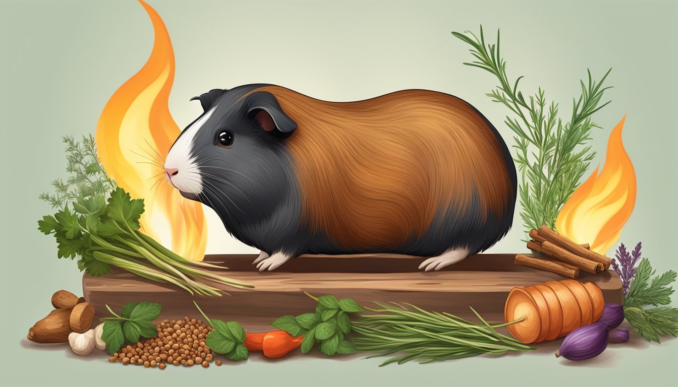 A guinea pig roasting on a spit over an open flame, surrounded by various herbs and spices