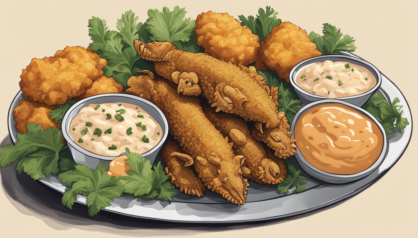 A platter of fried alligator is served with hushpuppies and coleslaw, accompanied by a side of spicy remoulade sauce