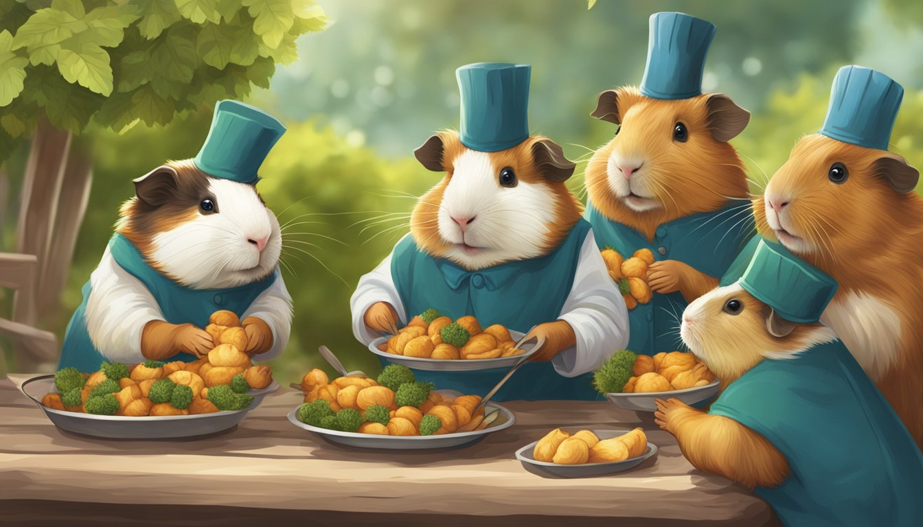 A group of guinea pigs are being prepared and served as a traditional delicacy in a festive outdoor setting