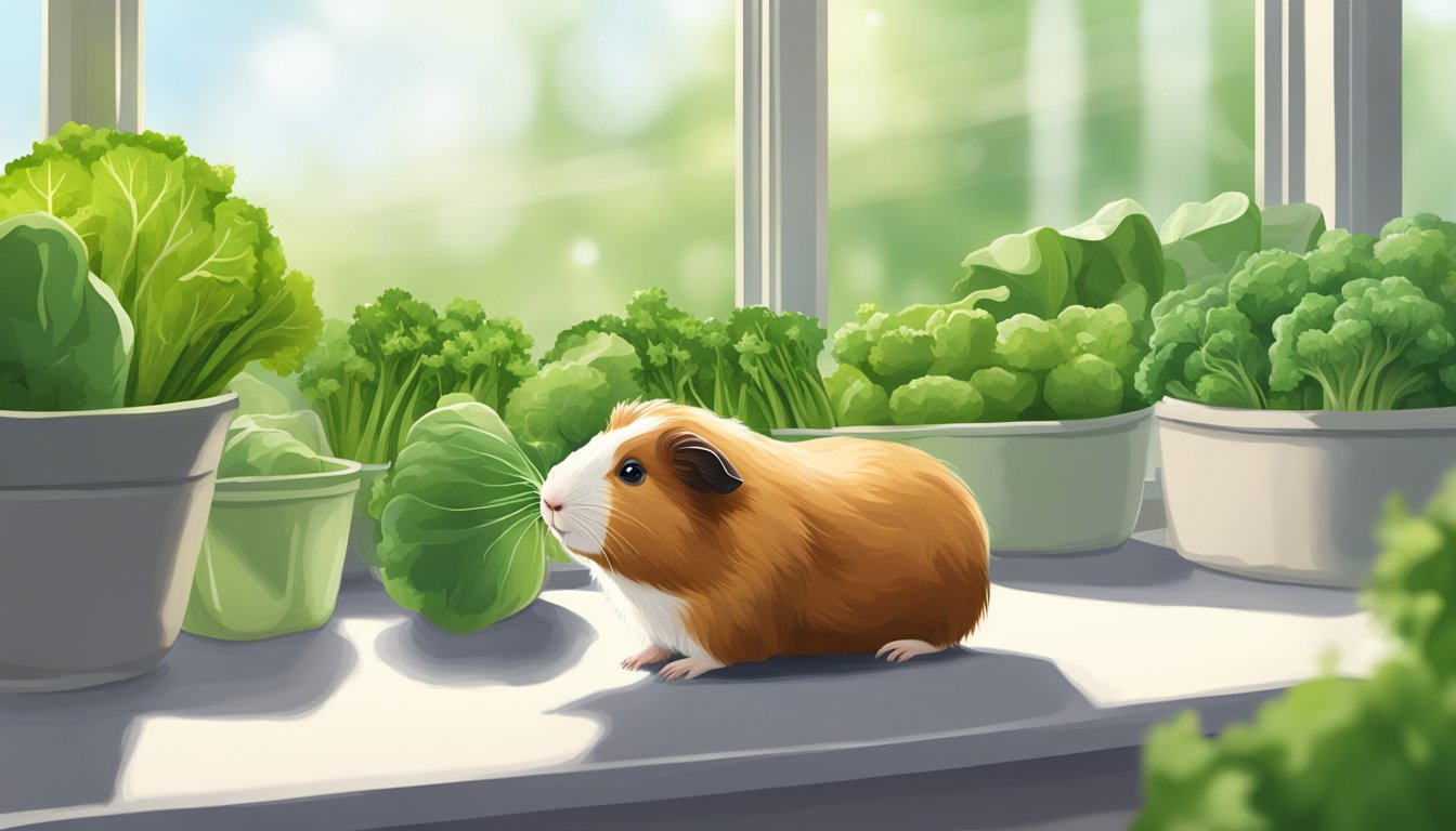 A guinea pig nibbles on a bed of fresh green vegetables in a spacious, clean enclosure with plenty of natural light streaming in