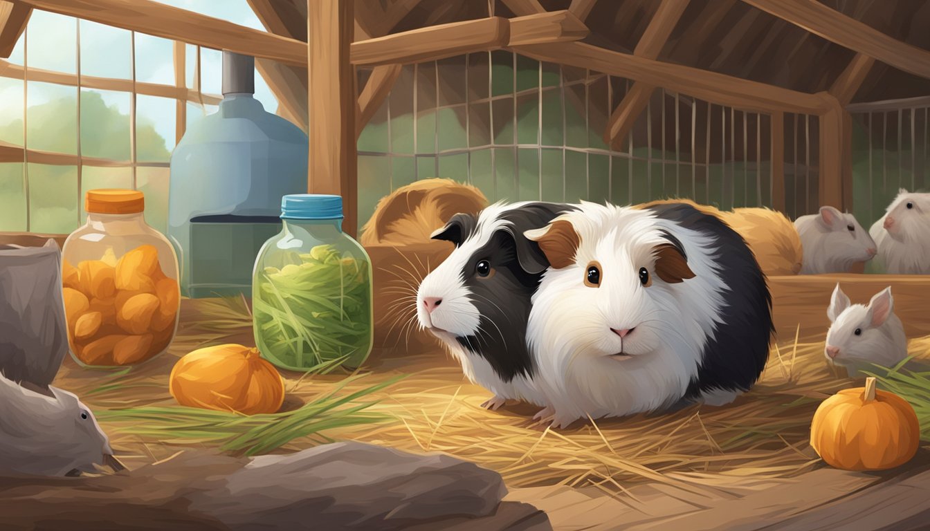 A guinea pig sits in a cozy cage with a water bottle and hay, surrounded by other livestock animals in a barn setting