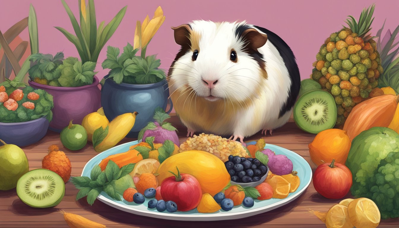 A guinea pig sitting on a plate surrounded by colorful and exotic foods, with curious onlookers staring at it in amazement