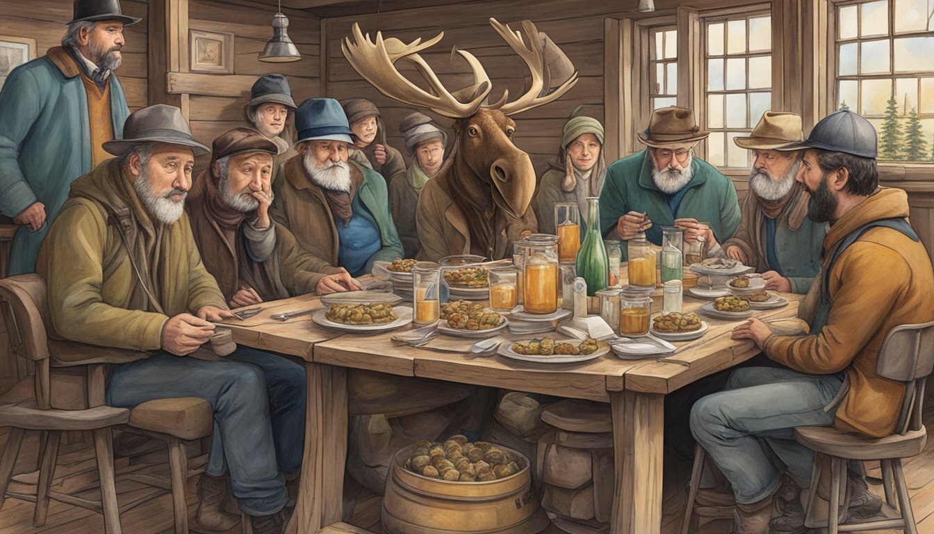 A table adorned with jellied moose nose, surrounded by curious onlookers in a rustic Canadian setting