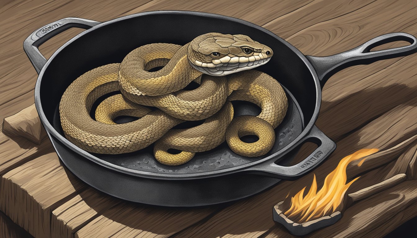 A sizzling rattlesnake curls in a cast-iron skillet, surrounded by a rustic frontier setting