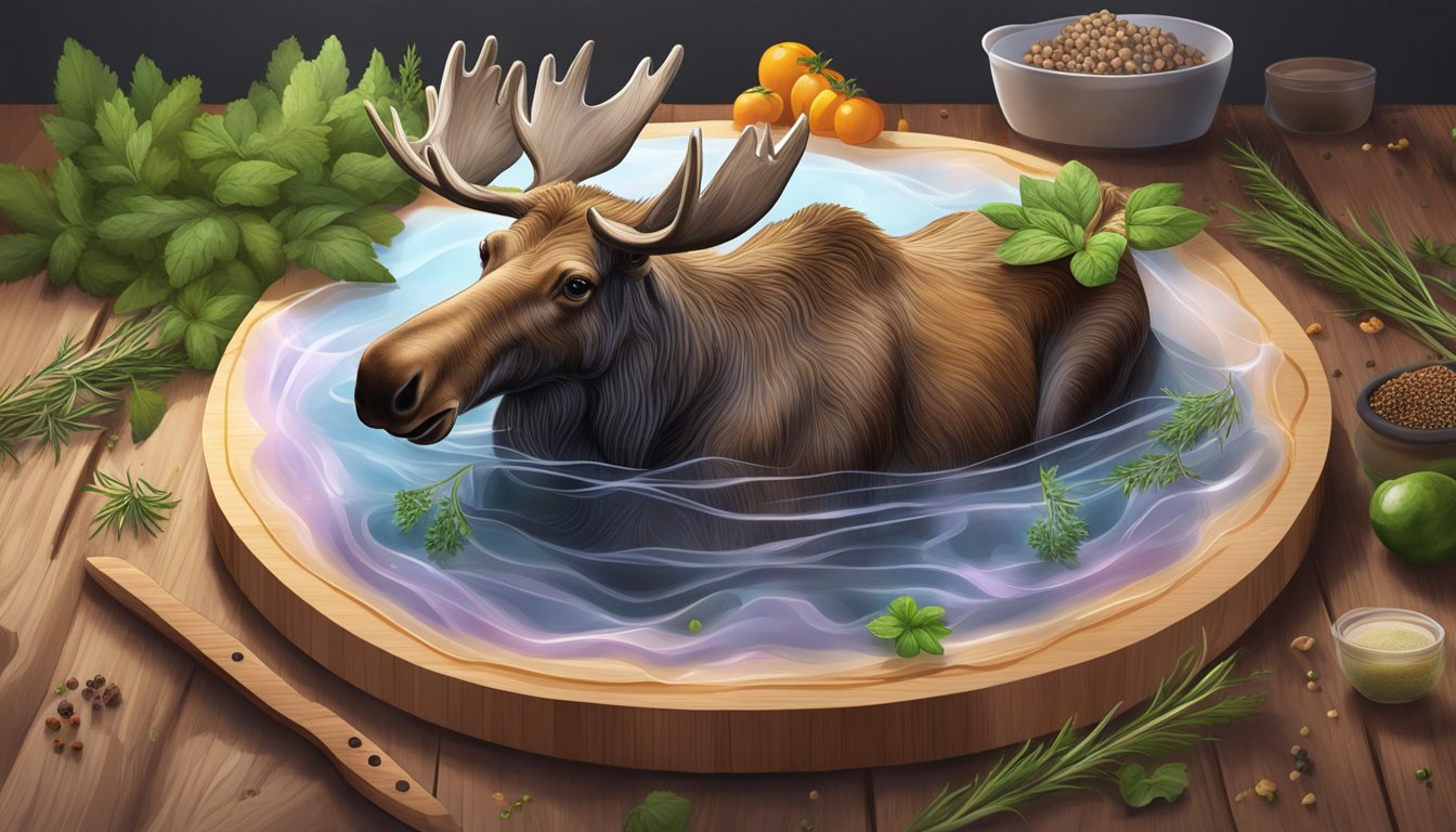 A moose nose floating in a clear jelly surrounded by herbs and spices on a wooden cutting board