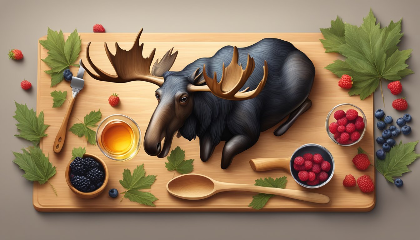 A jellied moose nose sits on a wooden cutting board, surrounded by traditional Canadian ingredients like maple syrup and wild berries