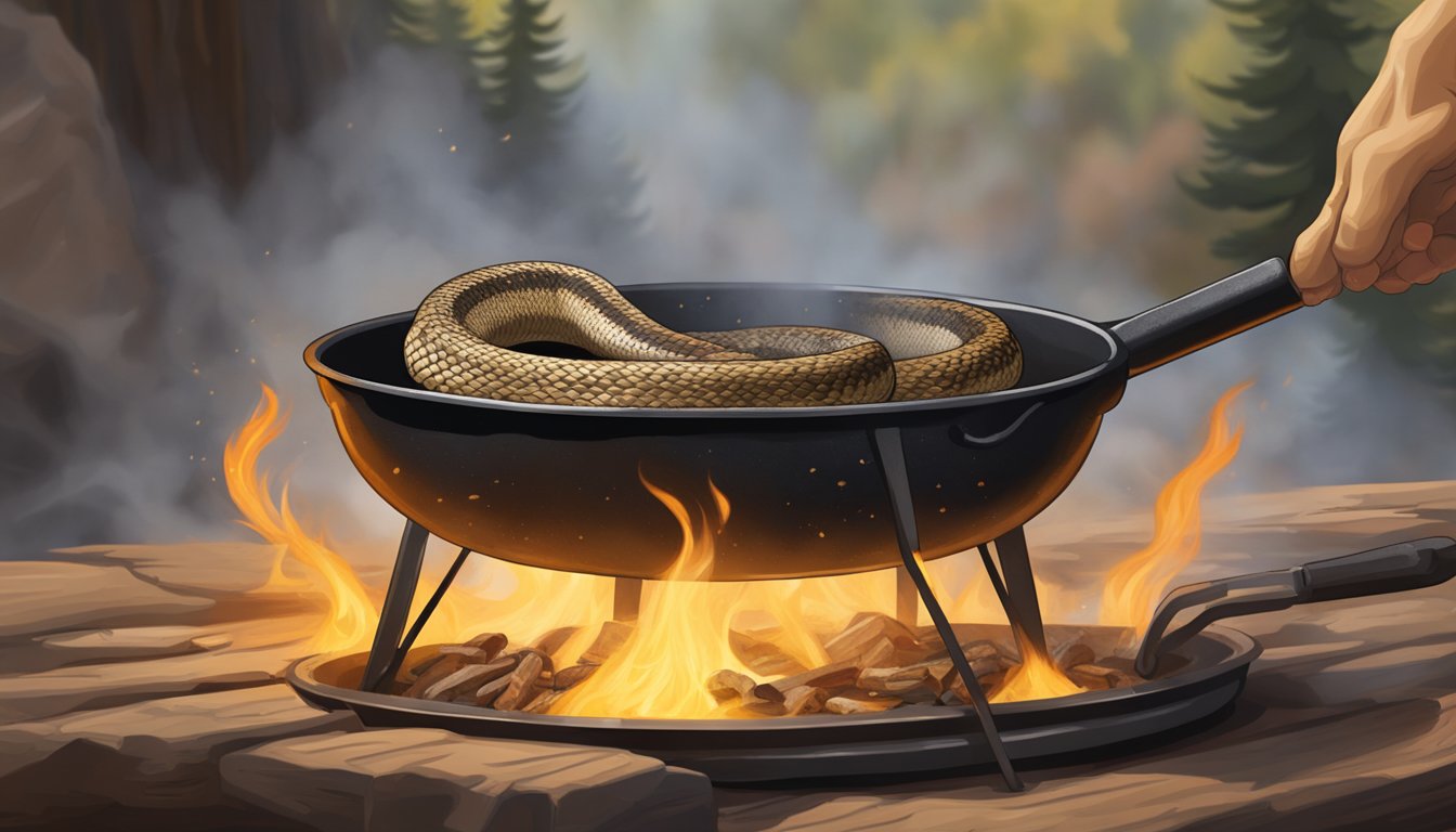 A sizzling rattlesnake is being fried in a cast iron skillet over an open flame, surrounded by a rustic frontier setting