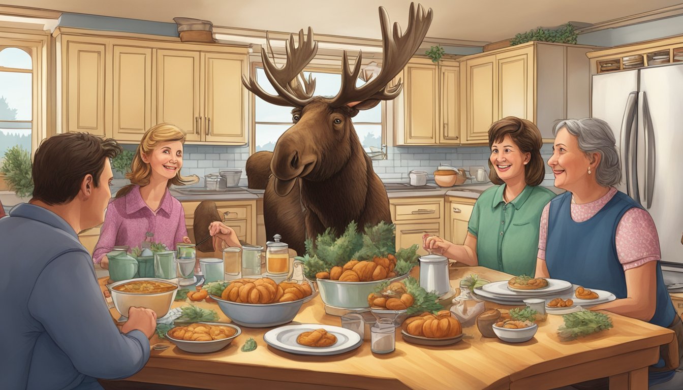 A table set with a jellied moose nose, surrounded by curious onlookers in a cozy Canadian kitchen