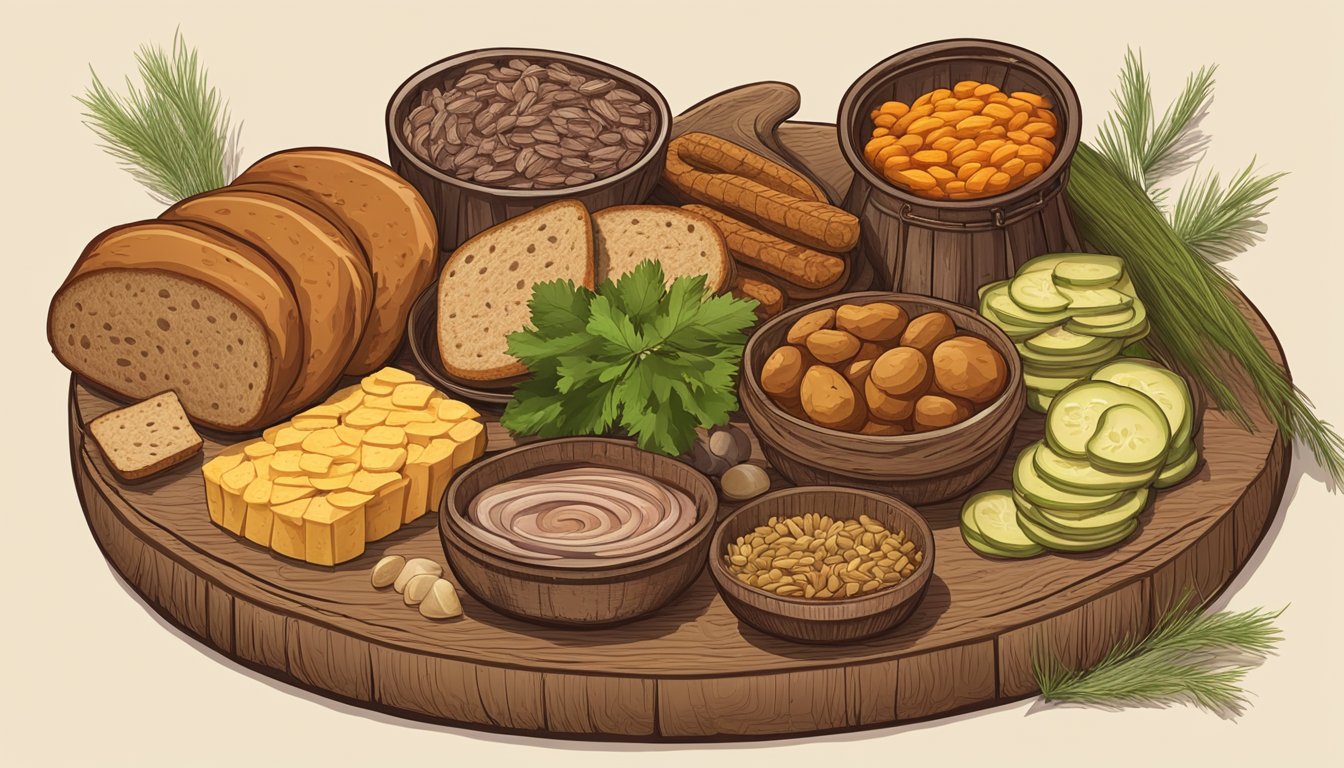 A rustic wooden table adorned with a variety of traditional Ukrainian foods, including a platter of thinly sliced salo, pickles, and dark rye bread