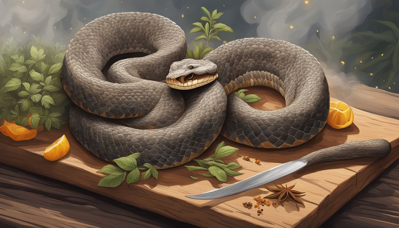 A sizzling rattlesnake splayed on a rustic wooden plate, surrounded by wild herbs and spices. Smoke rises from the crispy, golden-brown skin, evoking the spirit of the untamed frontier