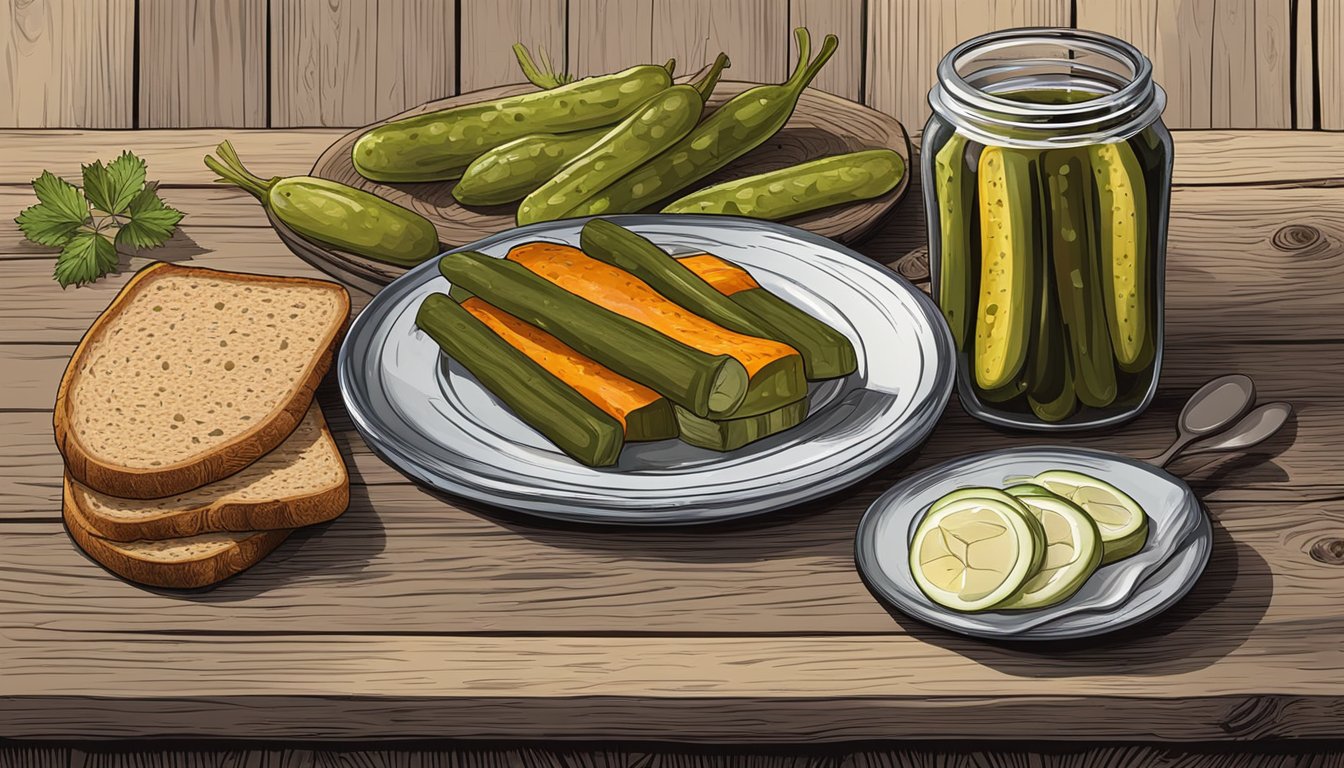 A plate of salo, pickles, and rye bread on a rustic wooden table